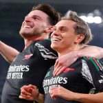 Leandro Trossard celebrates Arsenal goal with Declan Ricewith